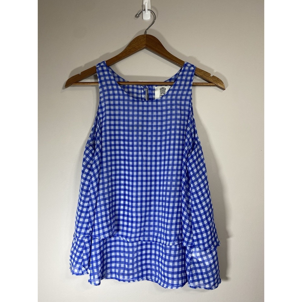Lili's Closet Top Womens MEDIUM Blue White Gingham Sleeveless Layered Flowy